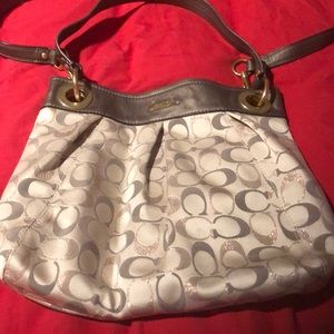 Coach cream and taupe metallic crossbody purse